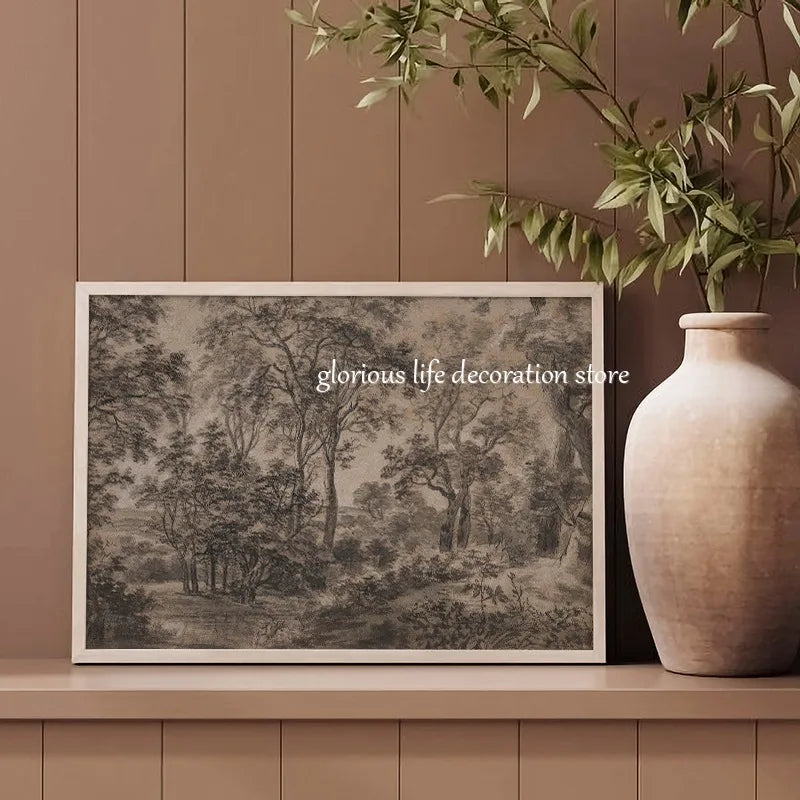 Antique Woodland Landscape Poster Brown Dark Forest Canvas Decor