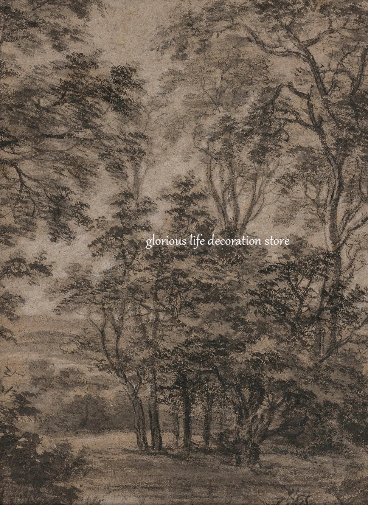 Antique Woodland Landscape Poster Brown Dark Forest Canvas Decor