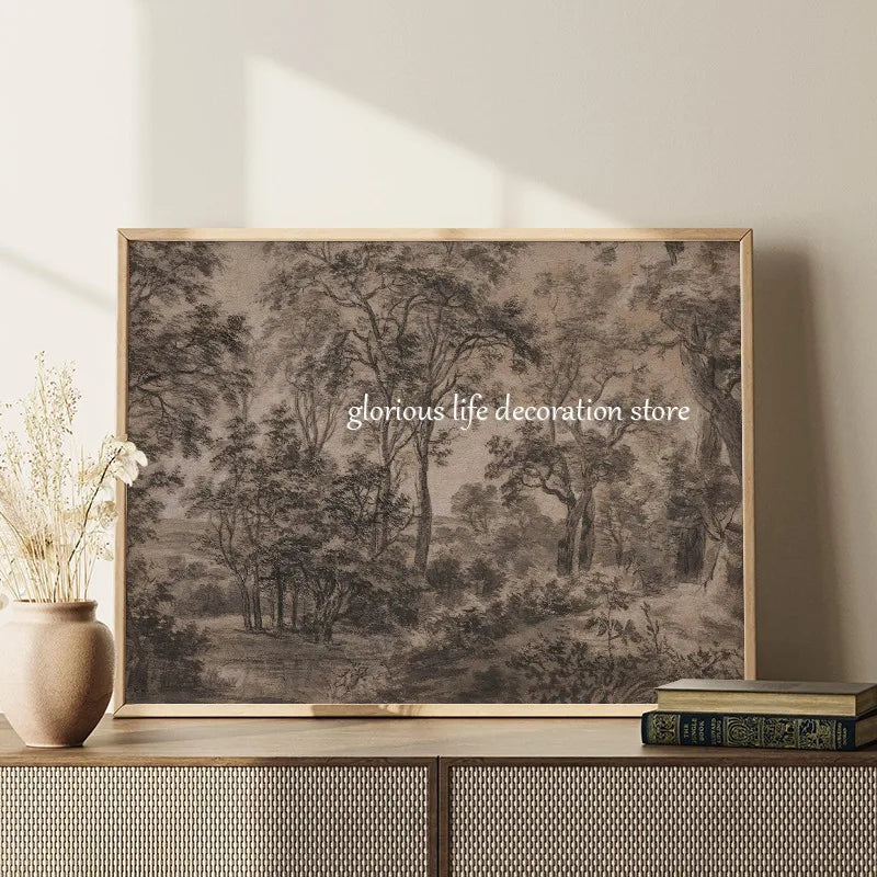 Antique Woodland Landscape Poster Brown Dark Forest Canvas Decor