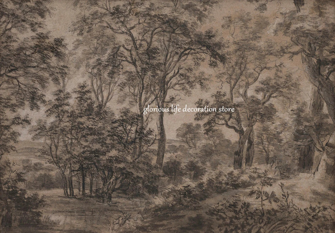 Antique Woodland Landscape Poster Brown Dark Forest Canvas Decor