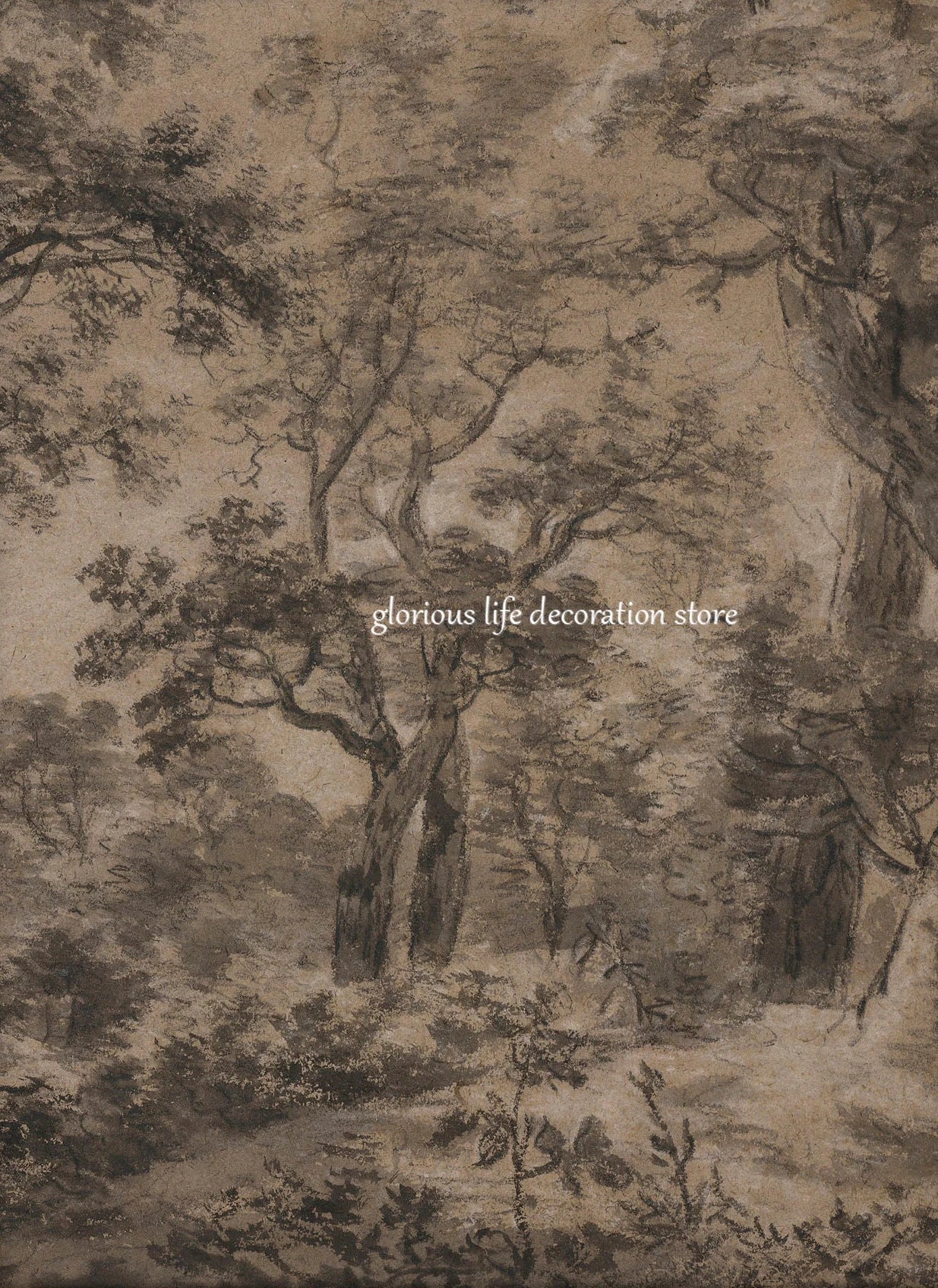 Antique Woodland Landscape Poster Brown Dark Forest Canvas Decor