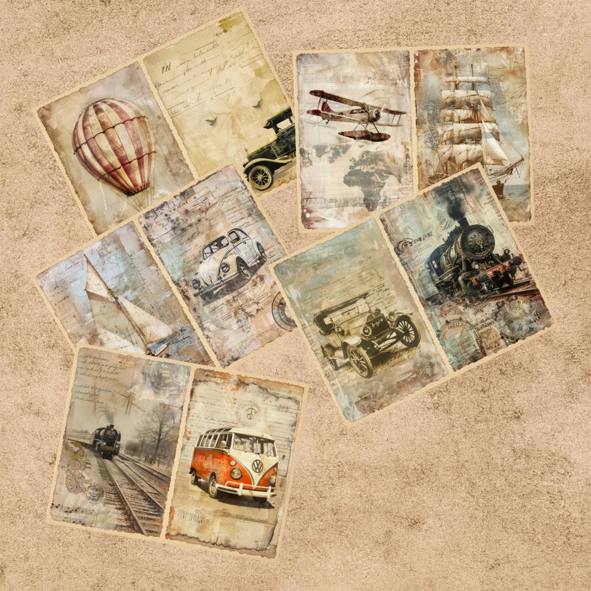 10 Sheets A5 Transportation Train/Car/Airplane Hot Air Balloon Vintage Scrapbooking